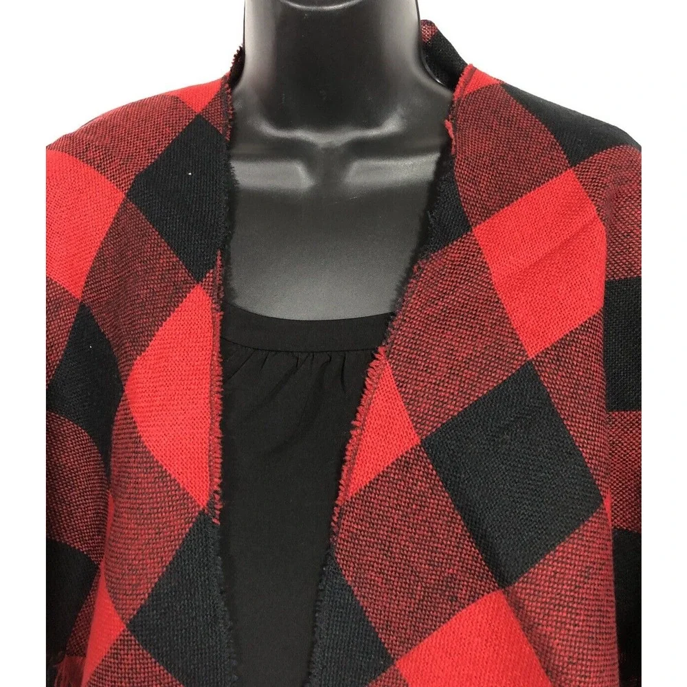 Vintage Buffalo Plaid Scarf Triangle, Red and Black Large Fringed, 70